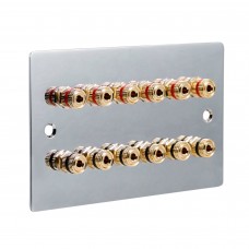 Chrome Polished Flat plate 6.0 2 Gang - 12 Binding Post Speaker Wall Plate - 12 Terminals - No Soldering Required