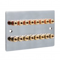 Chrome Polished Flat plate 8.0 2 Gang - 16 Binding Post Speaker Wall Plate - 16 Terminals - No Soldering Required