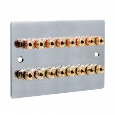 Chrome Polished Flat plate 8.0 2 Gang - 16 Binding Post Speaker Wall Plate - 16 Terminals - No Soldering Required