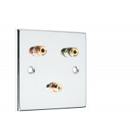 Chrome Polished Flat Plate 1.1 One Gang Speaker Wall Plate 2 Terminals + RCA Phono Socket - No Soldering Required