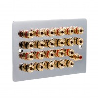 Chrome Polished Flat plate 11.1 Speaker Wall Plate 22 Terminals + 1 RCA Phono Socket - Two Gang - No Soldering Required