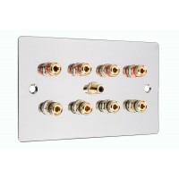 Chrome Polished Flat Plate 4.1 2 Gang Speaker Wall Plate 8 Terminals + RCA Phono Socket - No Soldering Required