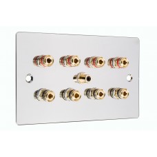 Chrome Polished Flat Plate 4.1 2 Gang Speaker Wall Plate 8 Terminals + RCA Phono Socket - No Soldering Required