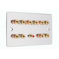 Chrome Polished Flat plate 5.1 Speaker Wall Plate 10 Terminals + 1 RCA Phono Socket - Two Gang - No Soldering Required