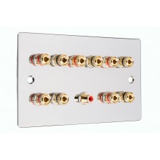 Chrome Polished Flat plate 5.1 Speaker Wall Plate 10 Terminals + 1 RCA Phono Socket - Two Gang - No Soldering Required