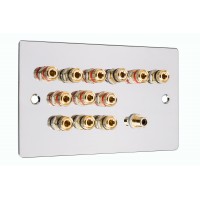 Chrome Polished Flat plate 6.1 Speaker Wall Plate 12 Terminals + 1 RCA Phono Socket - Two Gang - No Soldering Required