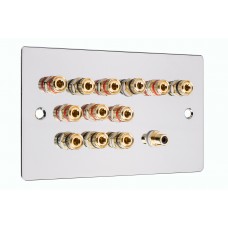 Chrome Polished Flat plate 6.1 Speaker Wall Plate 12 Terminals + 1 RCA Phono Socket - Two Gang - No Soldering Required