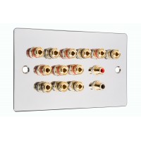 Chrome Polished Flat plate 6.2 Speaker Wall Plate 12 Terminals + 2 RCA Phono Sockets - Two Gang - No Soldering Required