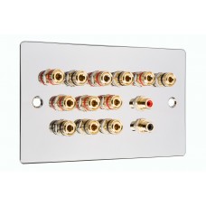 Chrome Polished Flat plate 6.2 Speaker Wall Plate 12 Terminals + 2 RCA Phono Sockets - Two Gang - No Soldering Required