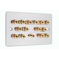 Chrome Polished Flat plate 7.1 Speaker Wall Plate 14 Terminals + 1 RCA Phono Socket - Two Gang - No Soldering Required
