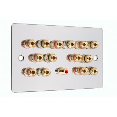 Chrome Polished Flat plate 7.1 Speaker Wall Plate 14 Terminals + 1 RCA Phono Socket - Two Gang - No Soldering Required