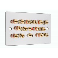 Chrome Polished Flat plate 7.2 Speaker Wall Plate 14 Terminals + 2 RCA Phono Sockets - Two Gang - No Soldering Required