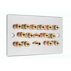 Chrome Polished Flat plate 7.2 Speaker Wall Plate 14 Terminals + 2 RCA Phono Sockets - Two Gang - No Soldering Required