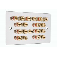 Chrome Polished Flat plate 9.1 Speaker Wall Plate 18 Terminals + 1 RCA Phono Socket - Two Gang - No Soldering Required