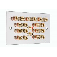 Chrome Polished Flat plate 9.2 Speaker Wall Plate 18 Terminals + 2 RCA Phono Sockets - Two Gang - No Soldering Required