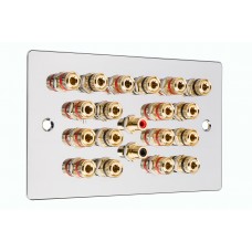 Chrome Polished Flat plate 9.2 Speaker Wall Plate 18 Terminals + 2 RCA Phono Sockets - Two Gang - No Soldering Required