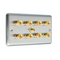 Stainless Steel Brushed Raised Plate 4.1  Speaker Wall Plate - 8 Terminals + RCA - Rear Solder tab Connections