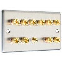 Stainless Steel Brushed Raised Plate 5.1  Speaker Wall Plate - 10 Terminals + RCA - Rear Solder tab Connections