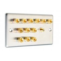 Stainless Steel Brushed Raised Plate 6.1  Speaker Wall Plate - 12 Terminals + RCA - Rear Solder tab Connections
