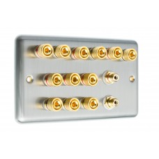 Stainless Steel Brushed Raised Plate 6.2 Speaker Wall Plate - 12 Terminals + 2 x RCA's - Rear Solder tab Connections