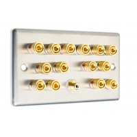 Stainless Steel Brushed Raised Plate 7.1  Speaker Wall Plate - 14 Terminals + RCA - Rear Solder tab Connections