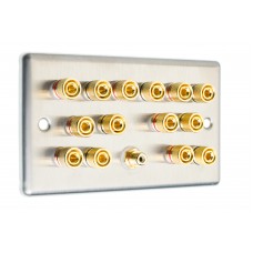 Stainless Steel Brushed Raised Plate 7.1  Speaker Wall Plate - 14 Terminals + RCA - Rear Solder tab Connections