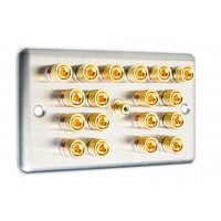 Stainless Steel Brushed Raised Plate 9.1  Speaker Wall Plate - 18 Terminals + RCA - Rear Solder tab Connections