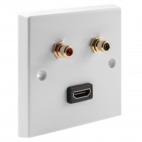 White RCA Phono Wall Plate 2 Terminal + 1 HDMI - No Soldering Required