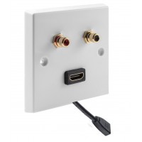 White RCA Phono Wall Plate 2 Terminal + 1 HDMI FLEXIBLE FLYLEAD - No Soldering Required