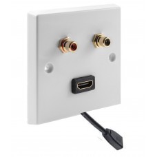 White RCA Phono Wall Plate 2 Terminal + 1 HDMI FLEXIBLE FLYLEAD - No Soldering Required