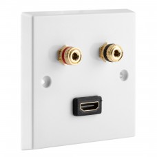 2 post Surround Sound Speaker Wall Plate with Gold Binding Posts + 1 x 90' HDMI. NO SOLDERING REQUIRED