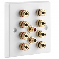 White Plastic 4.2 Speaker Wall Plate 8 Terminals + 2 x RCA Phono Sockets - One Gang - No Soldering Required