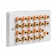White  11.1 Speaker Wall Plate 22 Terminals + RCA Phono Socket - Two Gang - No Soldering Required