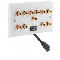 5.1 Surround Sound Speaker Wall Plate with Gold Binding Posts + 1 x RCA Socket + 1 x HDMI FLEXIBLE FLYLEAD. NO SOLDERING REQUIRED