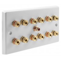 White  6.1 Speaker Wall Plate 12 Terminals + RCA Phono Socket - Two Gang - No Soldering Required