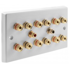 White  6.2 Speaker Wall Plate 12 Terminals + 2 RCA Phono Sockets - Two Gang - No Soldering Required