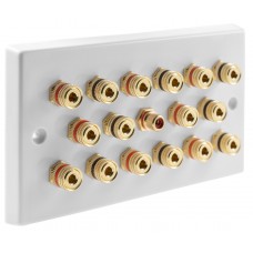 White  8.1 Speaker Wall Plate 16 Terminals + RCA Phono Socket - Two Gang - No Soldering Required