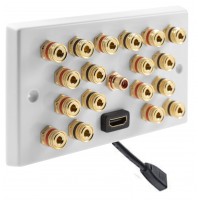 9.1 Surround Sound Speaker Wall Plate with Gold Binding Posts + 1 x RCA Socket + 1 x HDMI FLEXIBLE FLYLEAD. NO SOLDERING REQUIRED