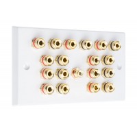 White  9.1 Speaker Wall Plate 18 Terminals + RCA Phono Socket - Two Gang - No Soldering Required