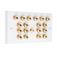 White  9.1 Speaker Wall Plate 18 Terminals + RCA Phono Socket - Two Gang - No Soldering Required