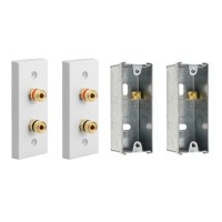 Architrave White square edge 2 Binding Post Speaker Wall Plate x 2 - 2 Terminals + Metal back boxes - No Soldering Required