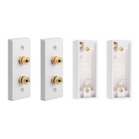 Architrave White square edge 2 Binding Post Speaker Wall Plate x 2 - 2 Terminals + Plastic surface mounted backing boxes - No Soldering Required