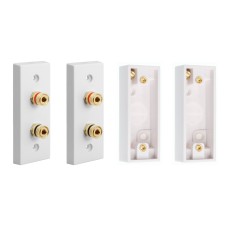 Architrave White square edge 2 Binding Post Speaker Wall Plate x 2 - 2 Terminals + Plastic surface mounted backing boxes - No Soldering Required