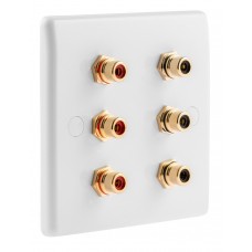 White Slimline 6 x RCA Phono Audio Surround Sound Wall Face Plate - Rear Solder tab Connections