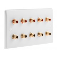 White Slimline 10 x RCA Phono Audio Surround Sound Wall Face Plate - Rear Solder tab Connections