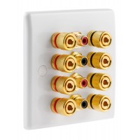 White Slimline 4.4 Speaker Wall Plate - 8 Terminals + 4 x RCA's - Rear Solder tab Connections