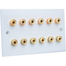 SlimLine White 6.0 2 Gang - 12 Binding Post Speaker Wall Plate - 12 Terminals - No Soldering Required