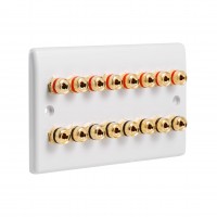 SlimLine White 8.0 2 Gang - 16 Binding Post Speaker Panel Wall Plate - 16 Terminals - No Soldering Required