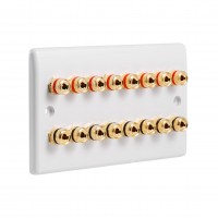 SlimLine White 8.0 2 Gang - 16 Binding Post Speaker Panel Wall Plate - 16 Terminals - No Soldering Required