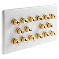 SlimLine White 8.0 2 Gang - 16 Binding Post Speaker Wall Plate - 16 Terminals - No Soldering Required